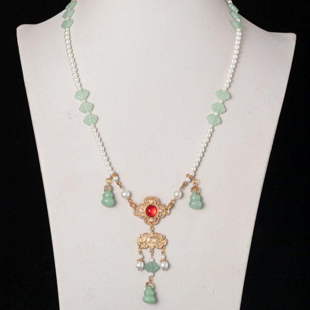 Jade Beaded Necklace w/ Tassel | Women Handmade Retro Lucky Charm Pendant #1282